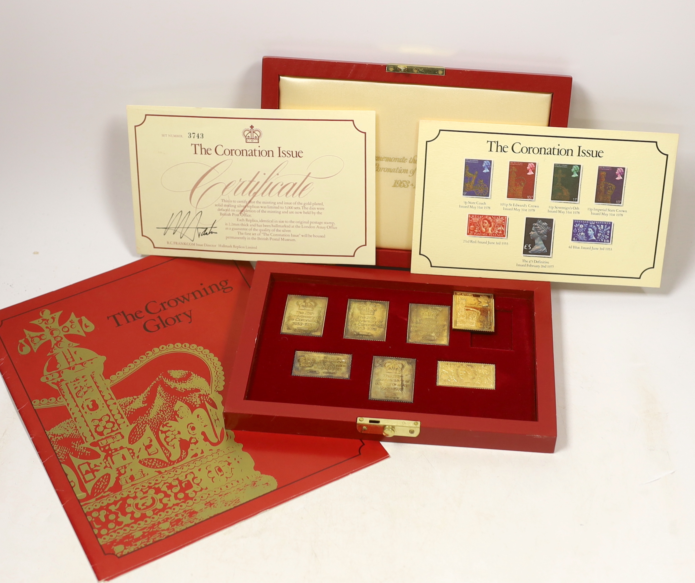 Hallmark Replicas Ltd. silver gilt Coronation issue stamp replicas, cased